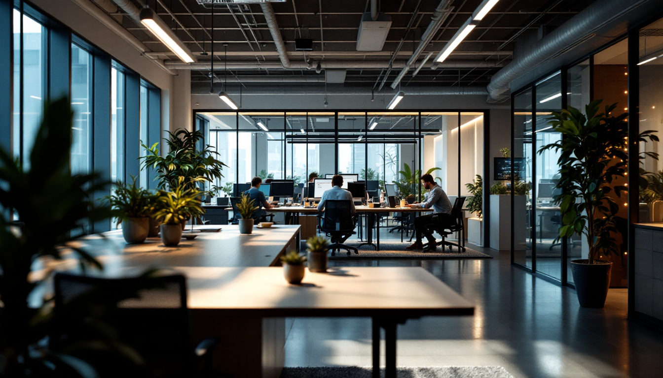 A photograph of a modern office space featuring a blend of innovative lighting technologies