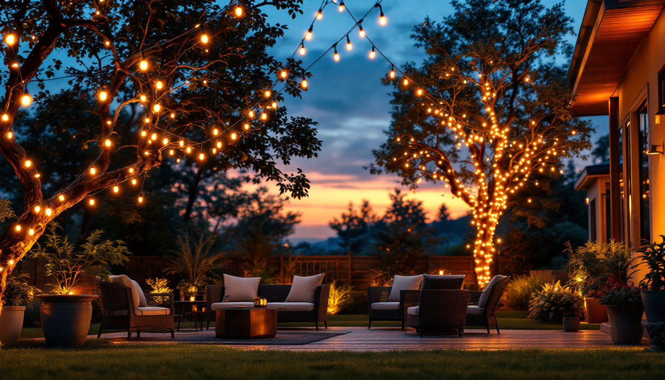 A photograph of a beautifully illuminated outdoor setting featuring solar light strings draped elegantly across trees or along a patio