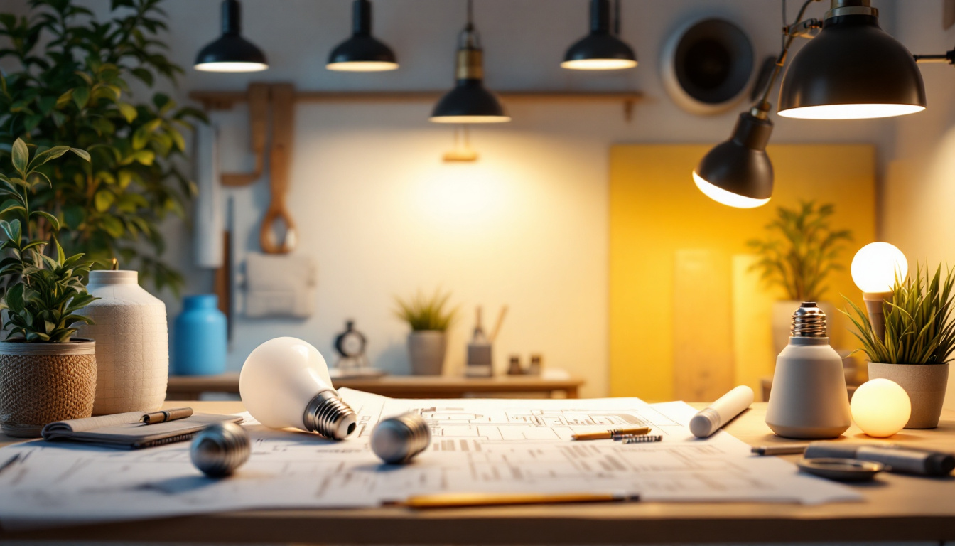 A photograph of a well-lit workspace featuring various energy-efficient lighting options