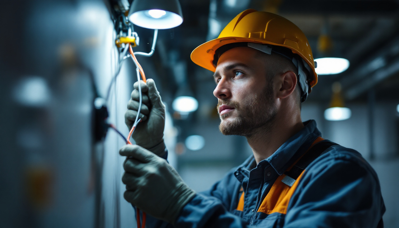 A photograph of a skilled electrician or engineer expertly pulling wire through a conduit in a well-lit environment