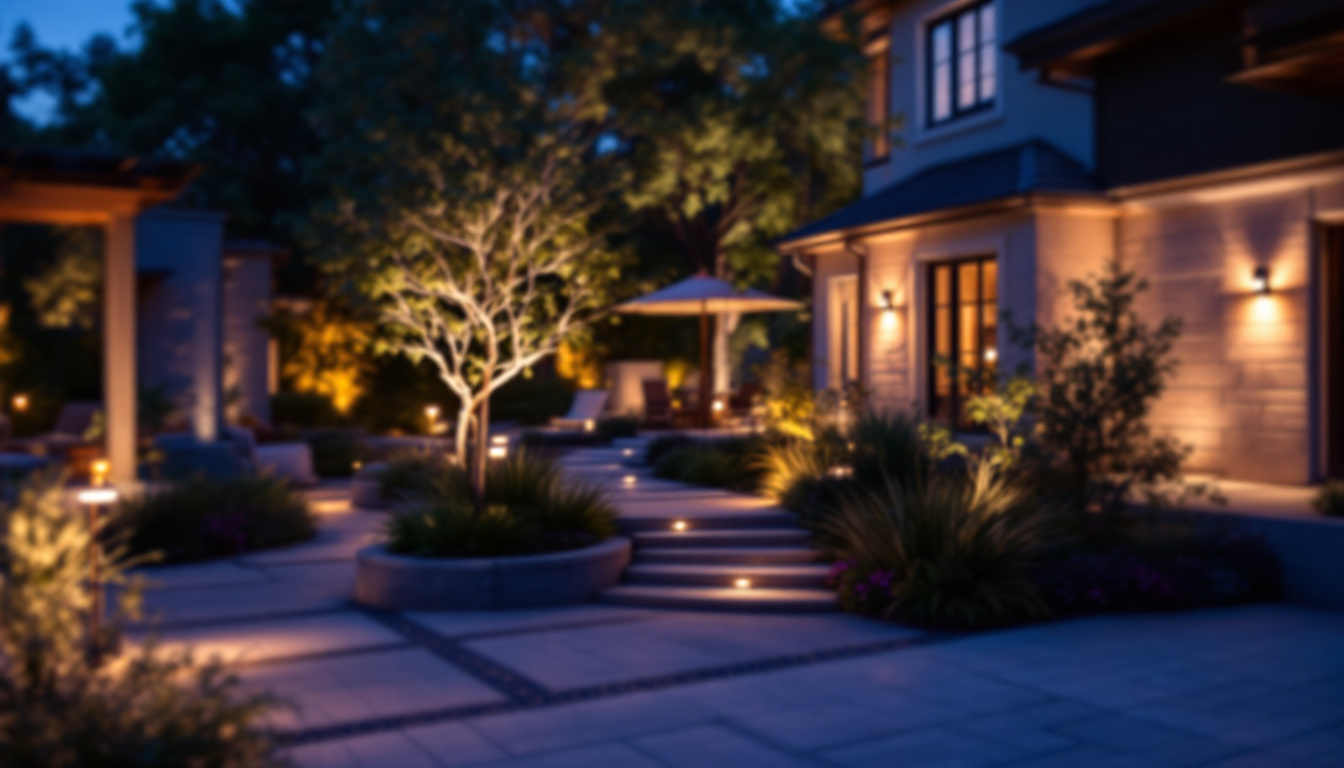 A photograph of a beautifully illuminated outdoor space at dusk