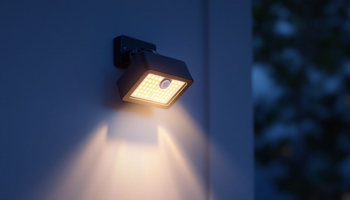 A photograph of a sleek led flood light with a motion sensor installed in an outdoor setting