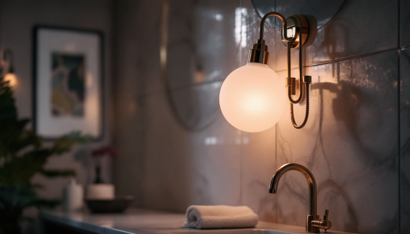 A photograph of a stylish and unique vanity light fixture in an elegantly designed bathroom setting
