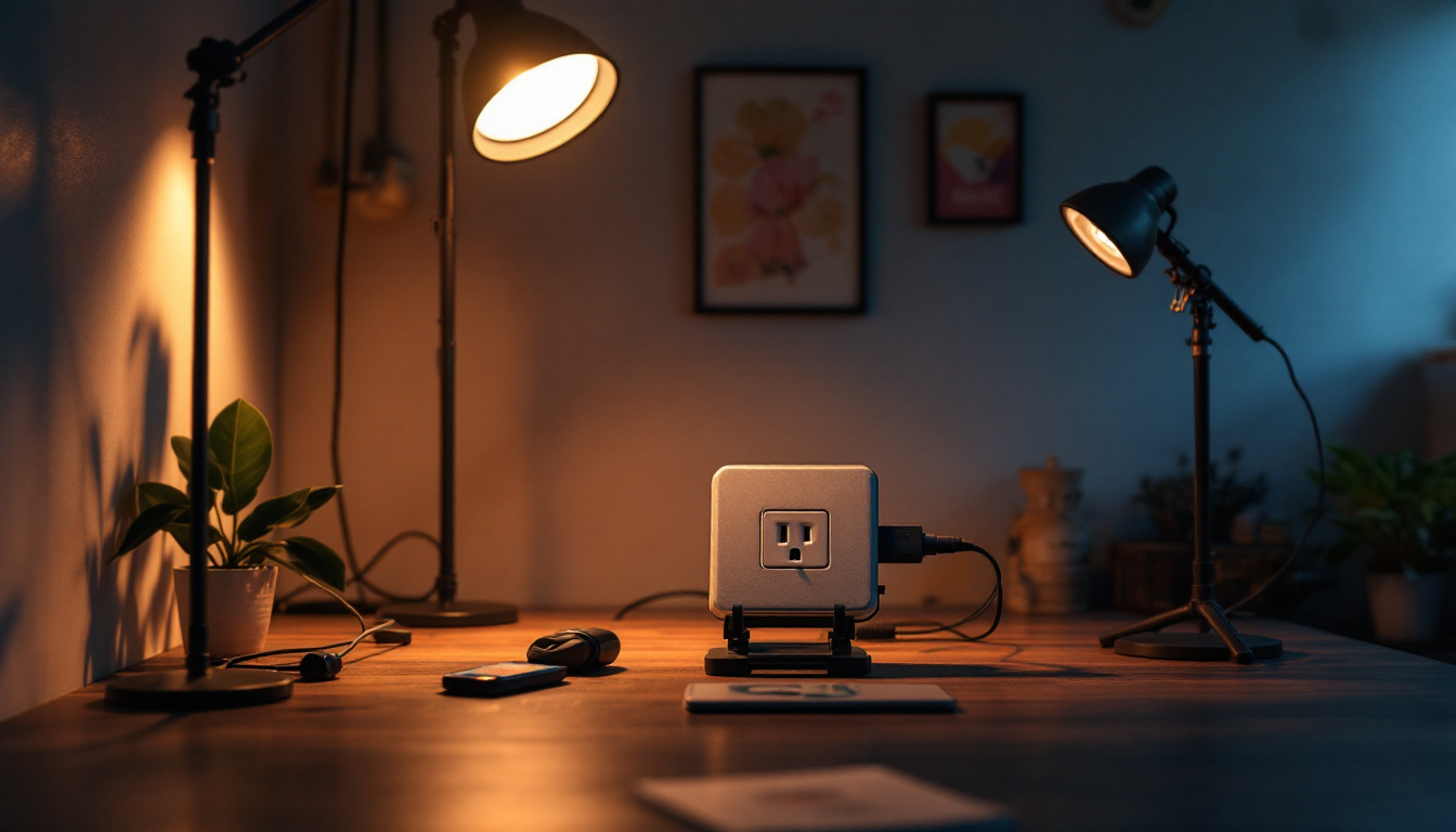 A photograph of a well-lit outlet setup showcasing various lighting fixtures in use