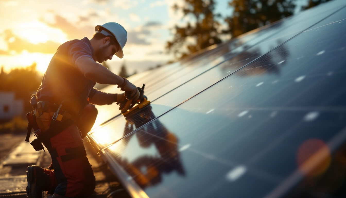 A photograph of a solar panel installation bathed in warm sunlight