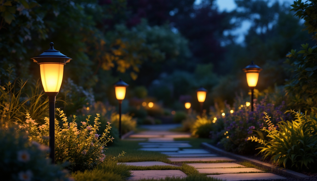 A photograph of a beautifully illuminated garden scene at dusk