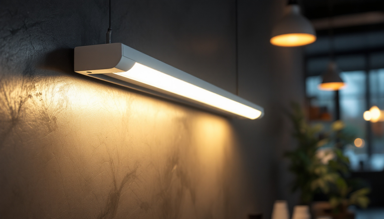 A photograph of capture a photograph of a t8 lamp fixture installed in a modern workspace