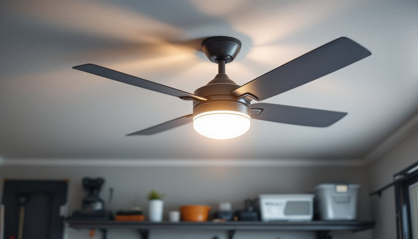 A photograph of a stylish garage ceiling fan with an integrated light fixture