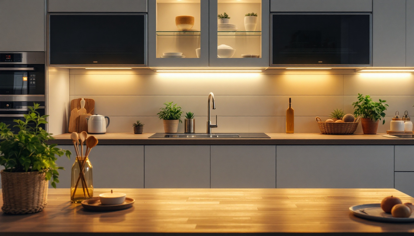 A photograph of a beautifully illuminated under cupboard lighting setup in a modern kitchen