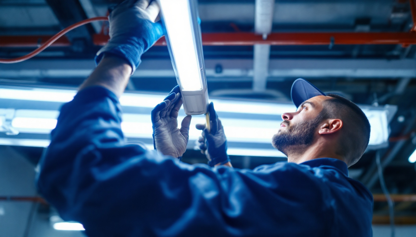 A photograph of a technician replacing a fluorescent light fixture with an led retrofit