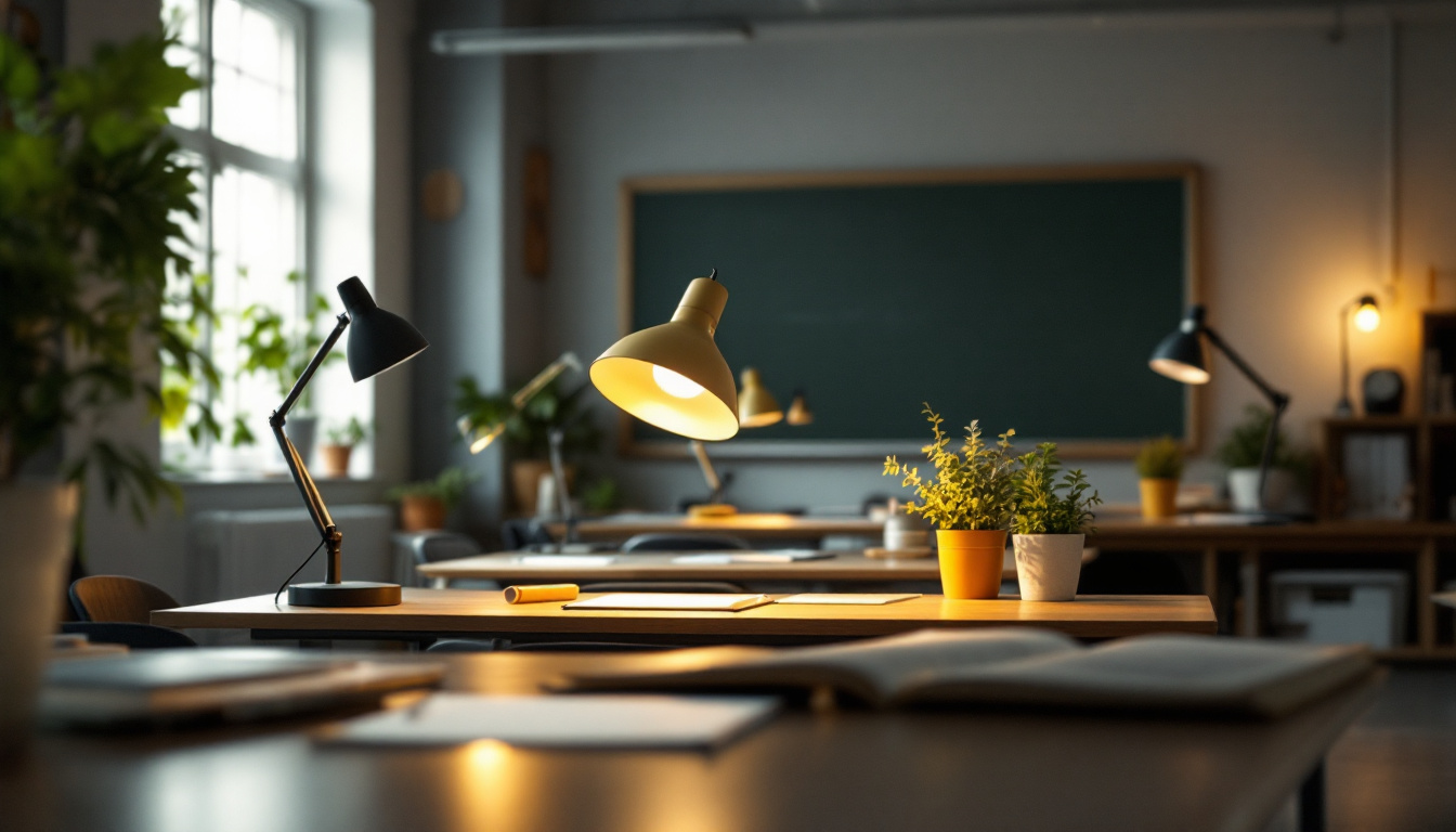 A photograph of a well-lit classroom setting showcasing various types of lamps in use