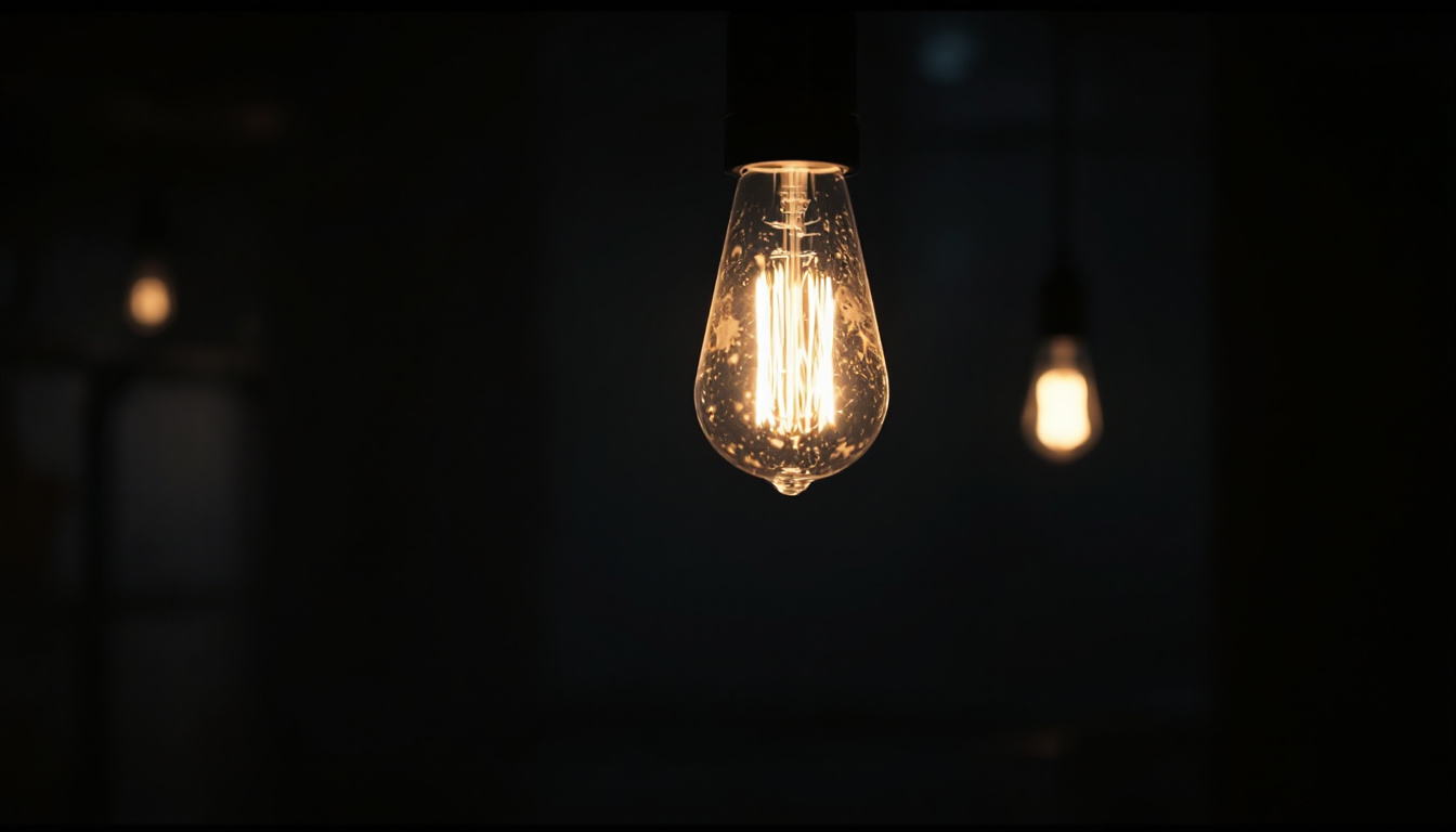 A photograph of a close-up shot of a flickering lamp in a dimly lit room