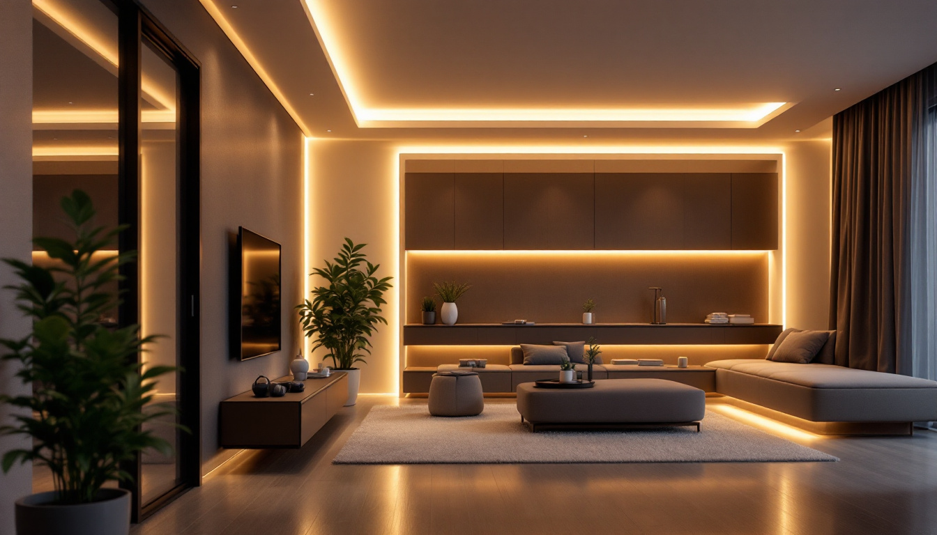 A photograph of a beautifully designed recessed led strip lighting installation in a modern interior setting