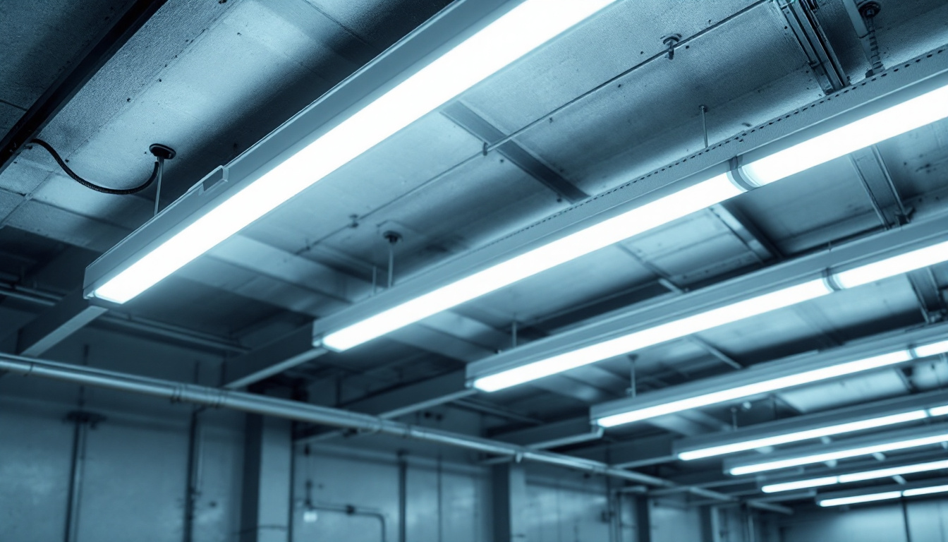 A photograph of a well-lit industrial or commercial space showcasing 8ft led tube lights installed on the ceiling