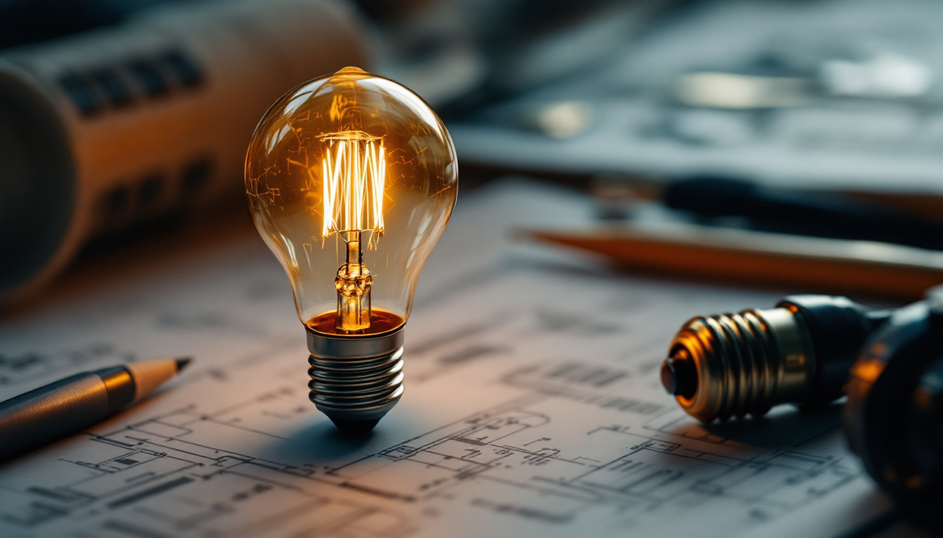 A photograph of a vintage lightbulb surrounded by modern electrical engineering tools and blueprints