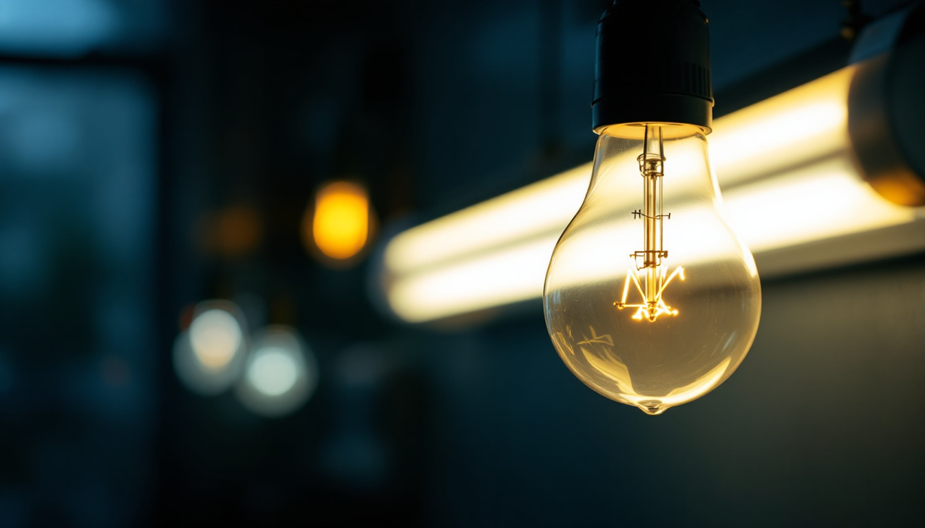 A photograph of a close-up of a fluorescent light bulb in a dimly lit environment