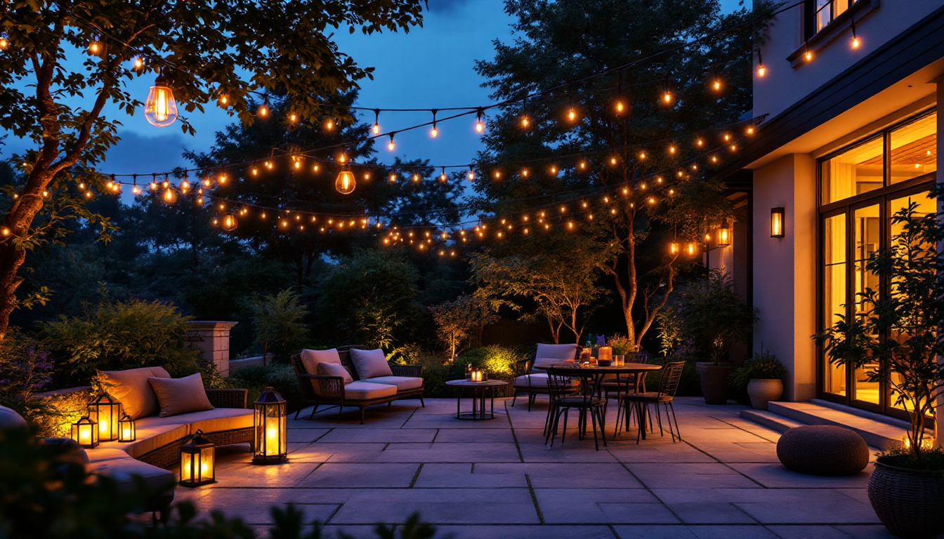A photograph of a beautifully illuminated patio at dusk