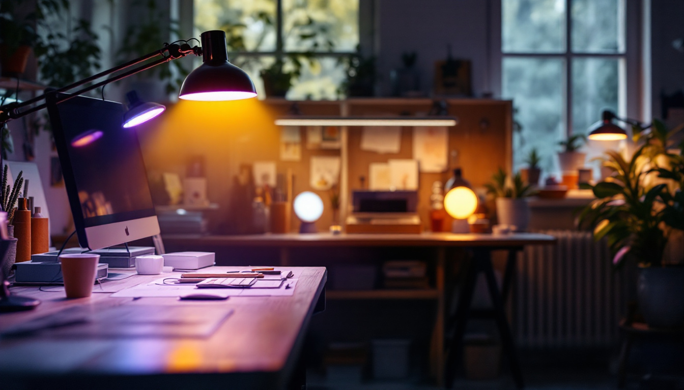 A photograph of a well-lit workspace showcasing various ultraviolet lamps in use