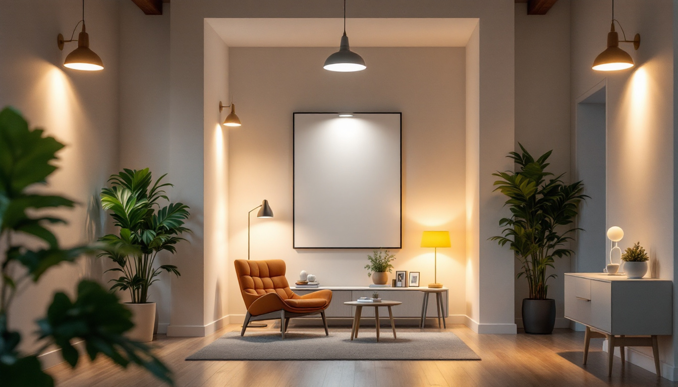 A photograph of a well-lit room showcasing various lighting fixtures in different placements