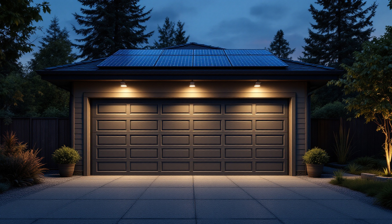 A photograph of a well-lit garage at dusk