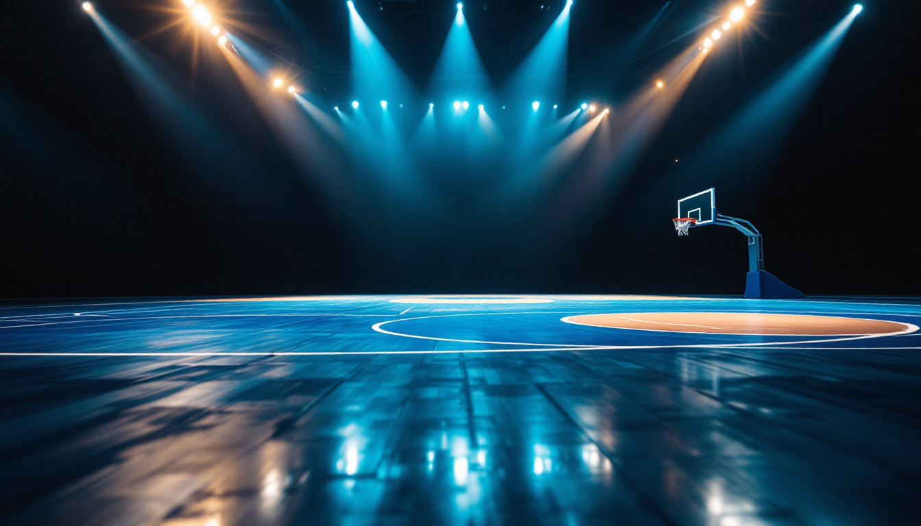 A photograph of a well-lit basketball court