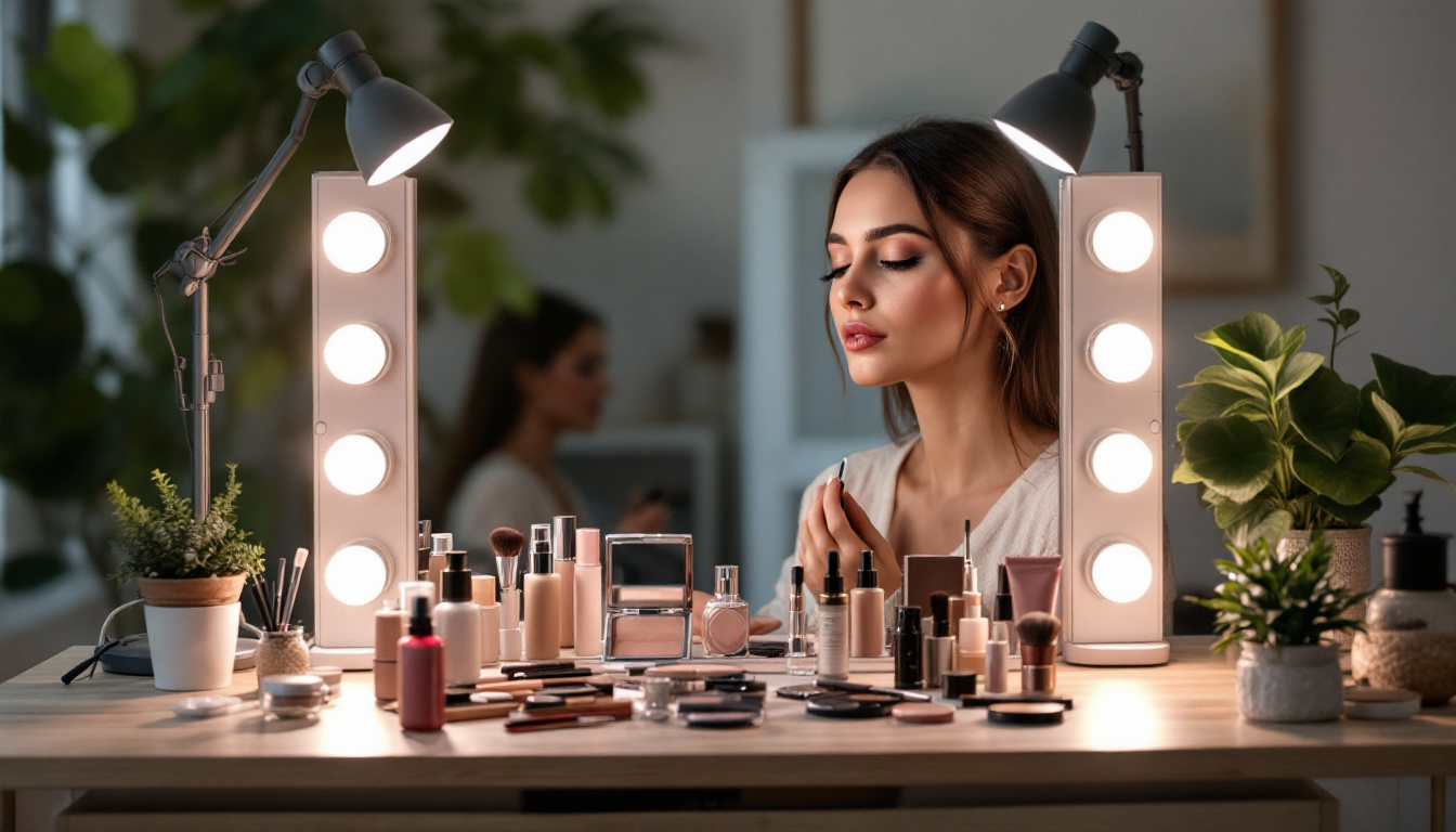 A photograph of a beautifully arranged vanity setup featuring soft