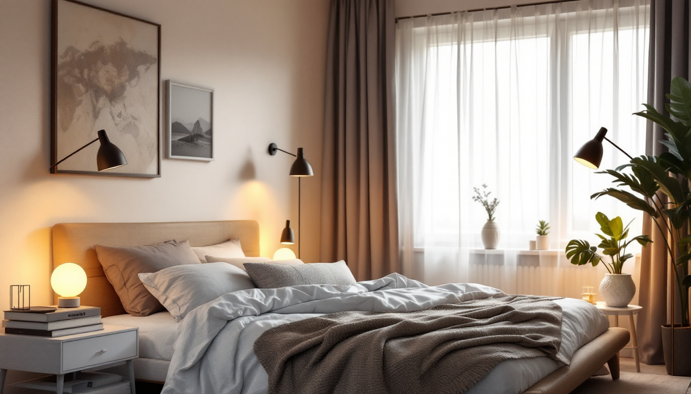 A photograph of a beautifully styled bedroom featuring a variety of over bed lighting options