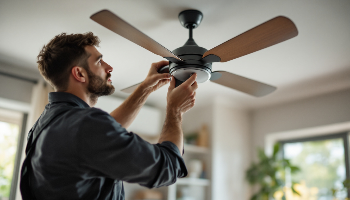 A photograph of a skilled electrical engineer installing or inspecting a modern ceiling fan in a stylish home setting