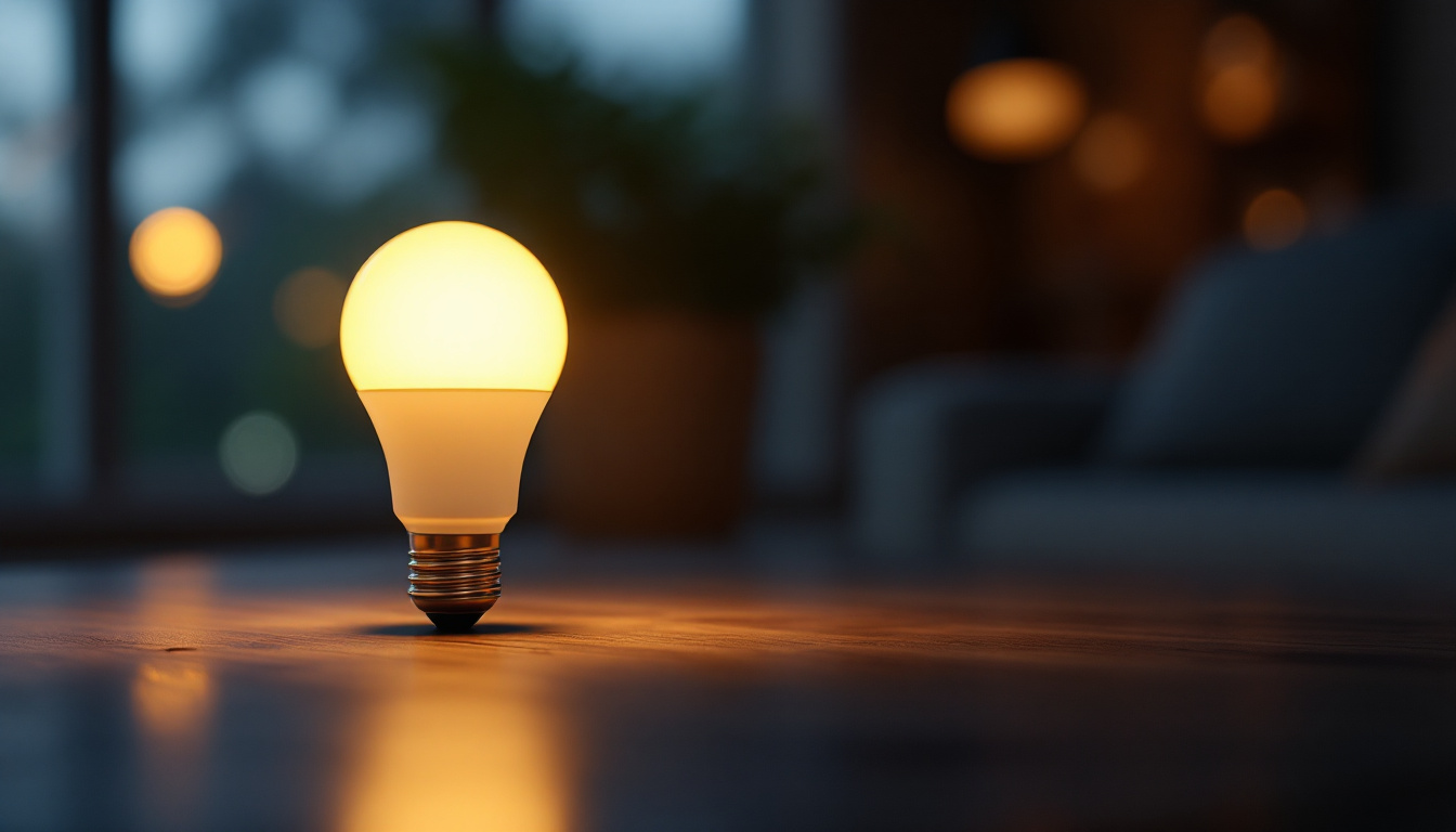 A photograph of a dusk to dawn type g e26 bulb illuminated in a cozy
