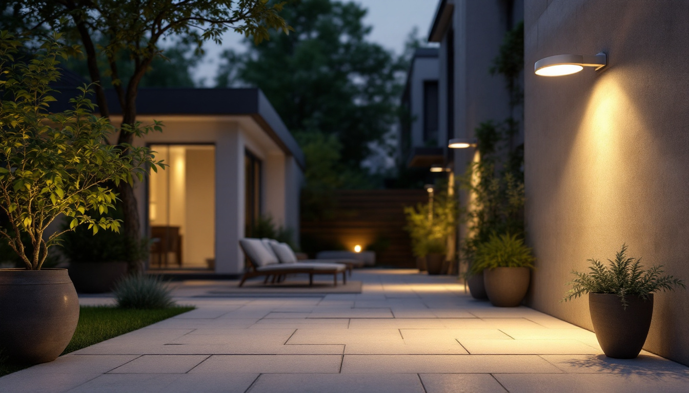 A photograph of a well-lit outdoor scene showcasing various lighting fixtures equipped with light sensors