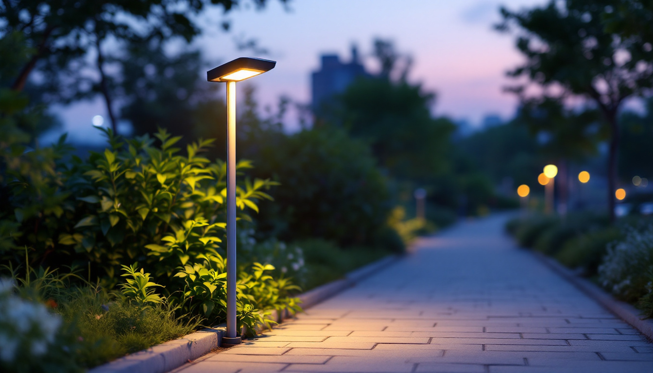 A photograph of a solar-powered lamp post illuminating a pathway at dusk