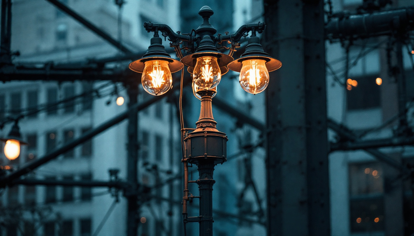 A photograph of a vintage light pole set against a backdrop that contrasts industrial and commercial lighting elements