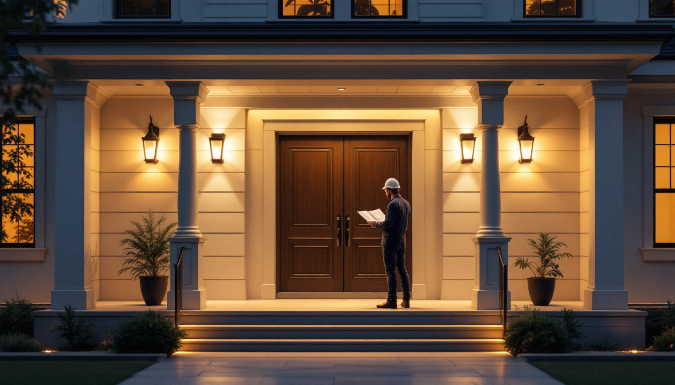 A photograph of a beautifully designed recessed porch with warm