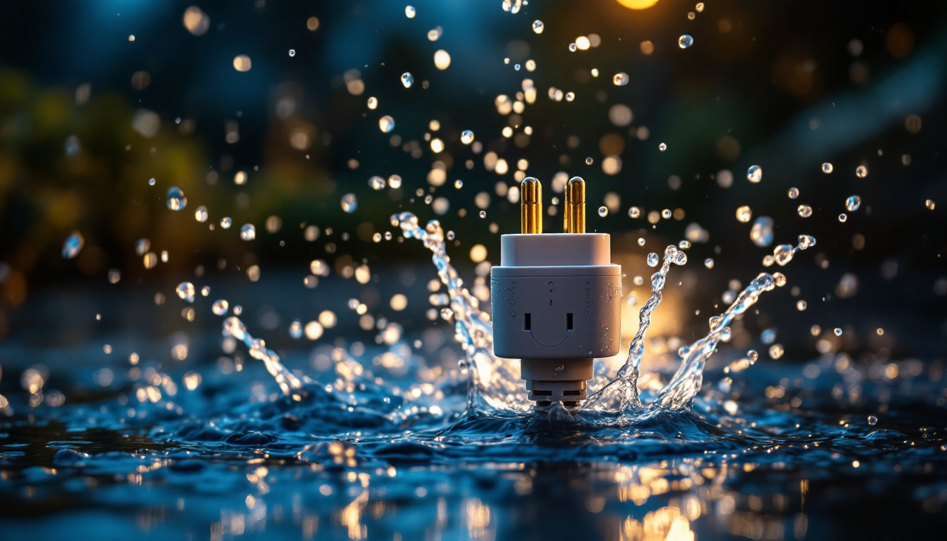 A photograph of a waterproof plug in a dynamic outdoor lighting setting