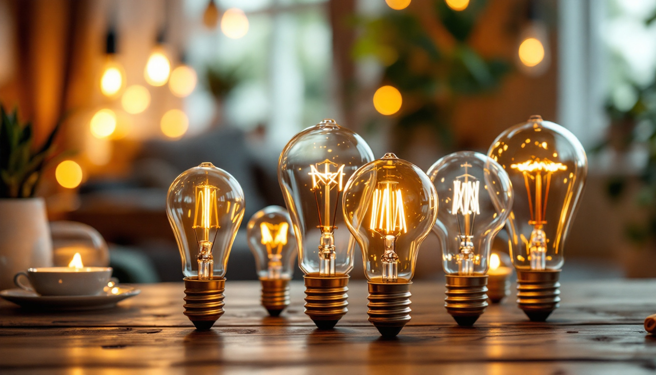 A photograph of a beautifully arranged selection of deco light bulbs in a cozy