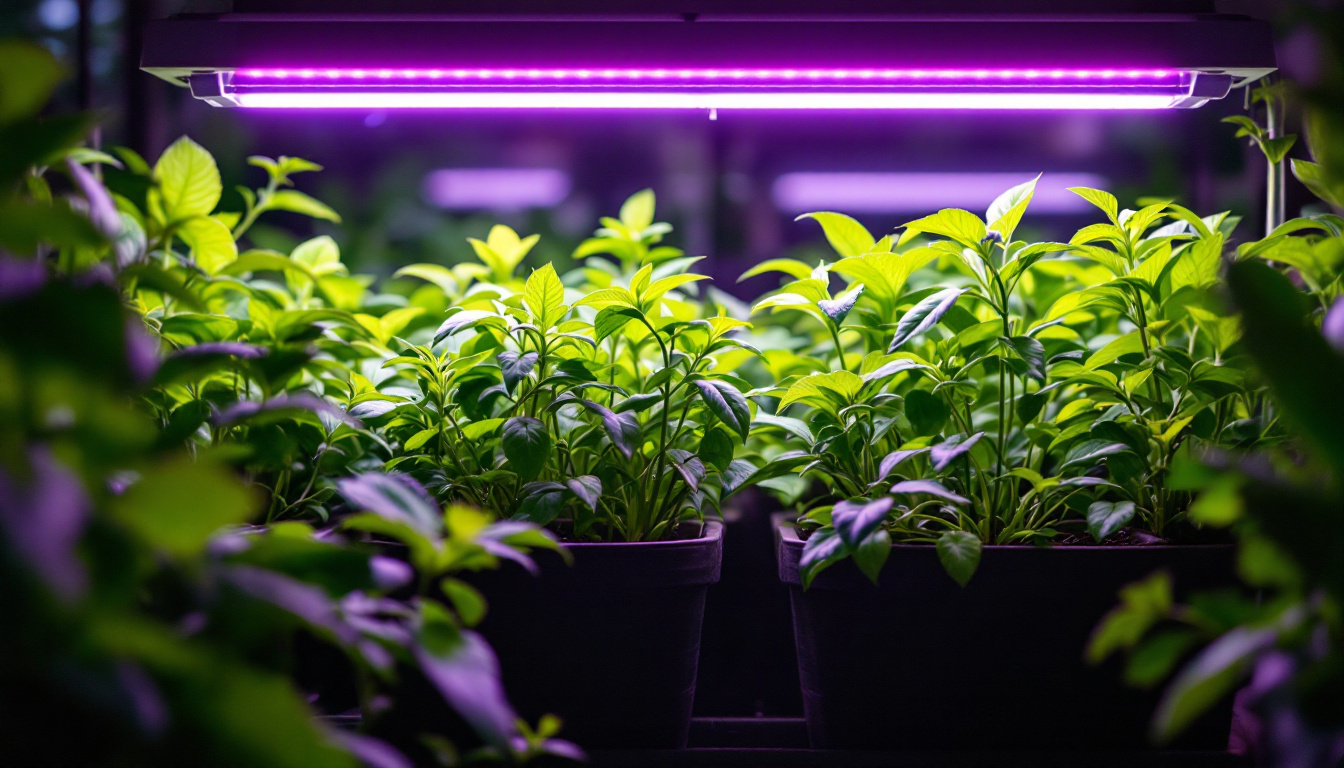 A photograph of a t5 grow lamp in action