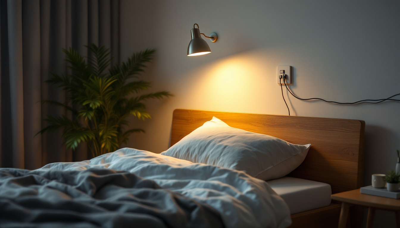 A photograph of a cozy bedroom scene featuring an over bed light in use