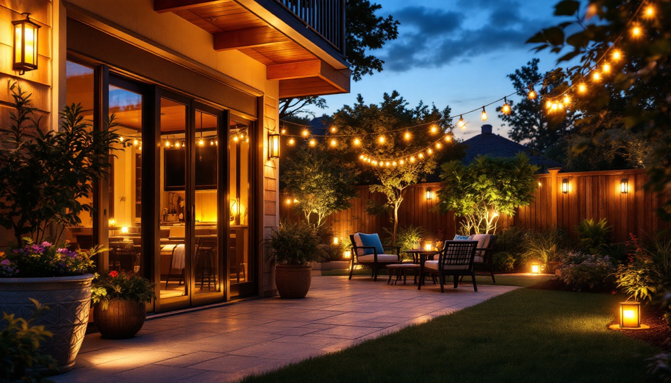 A photograph of a beautifully illuminated outdoor patio scene at dusk