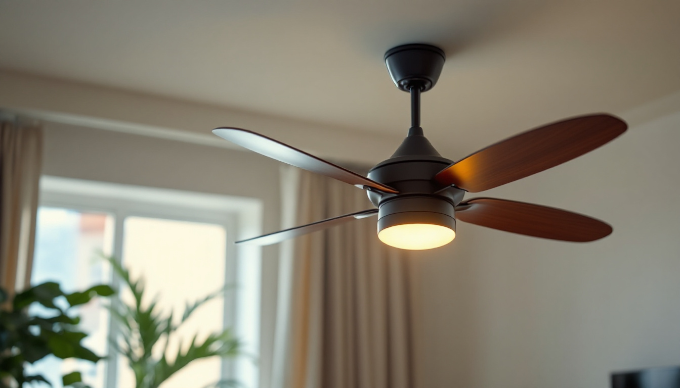 A photograph of a stylish ceiling fan in a well-lit room