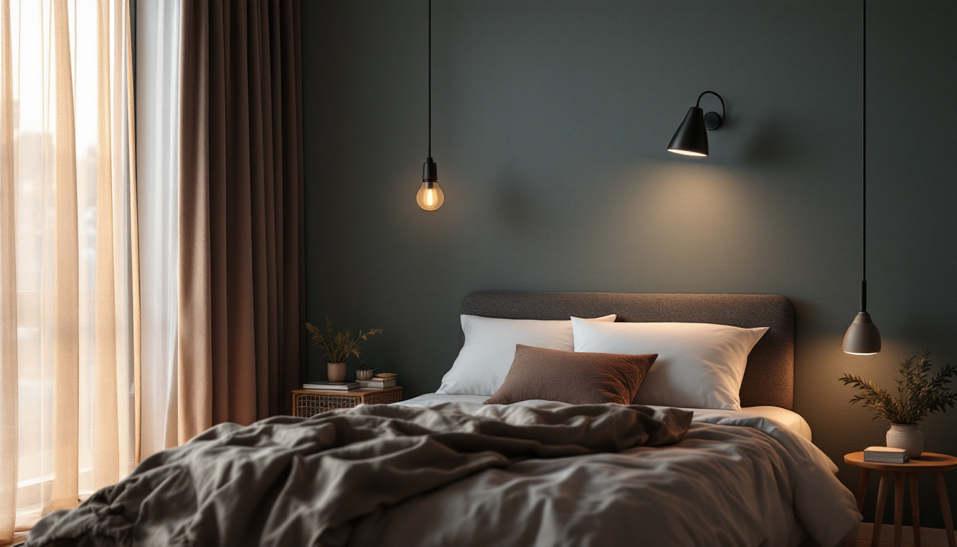 A photograph of a cozy bedroom setting featuring stylish and innovative lighting solutions above the bed