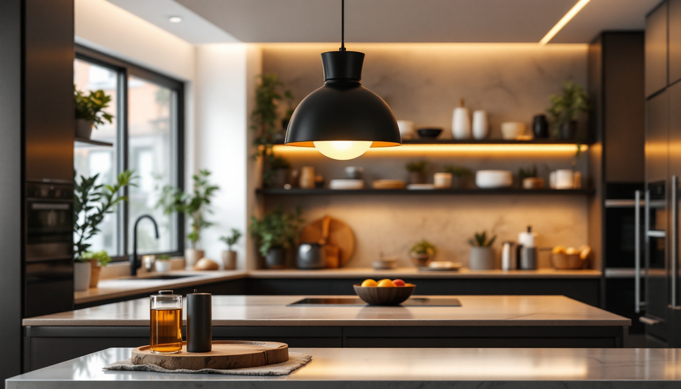 A photograph of a stylish black kitchen pendant light hanging above a modern kitchen island