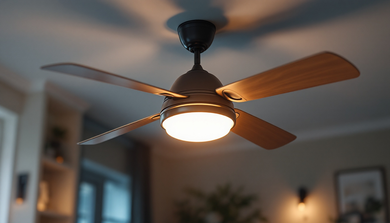 A photograph of a beautifully designed ceiling fan with an integrated light kit