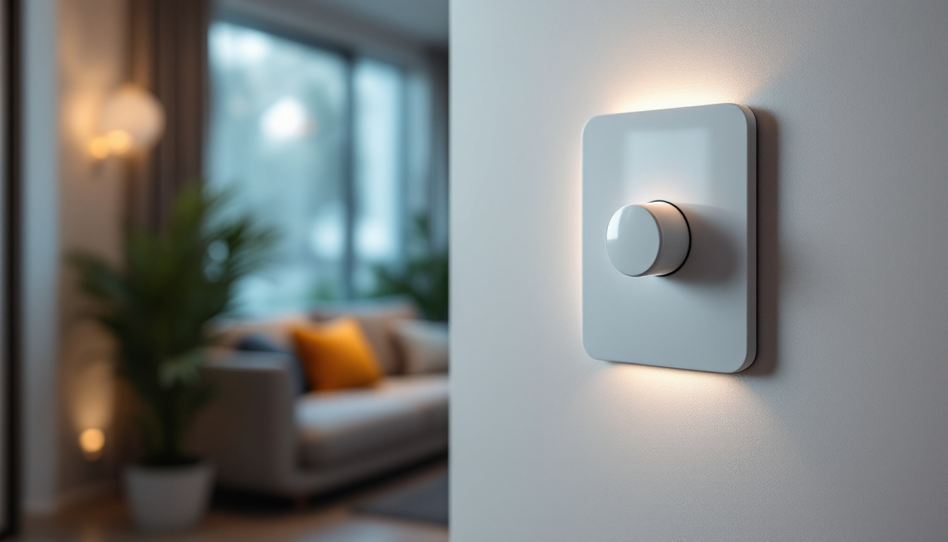 A photograph of a stylish wall dimmer switch in a modern interior setting