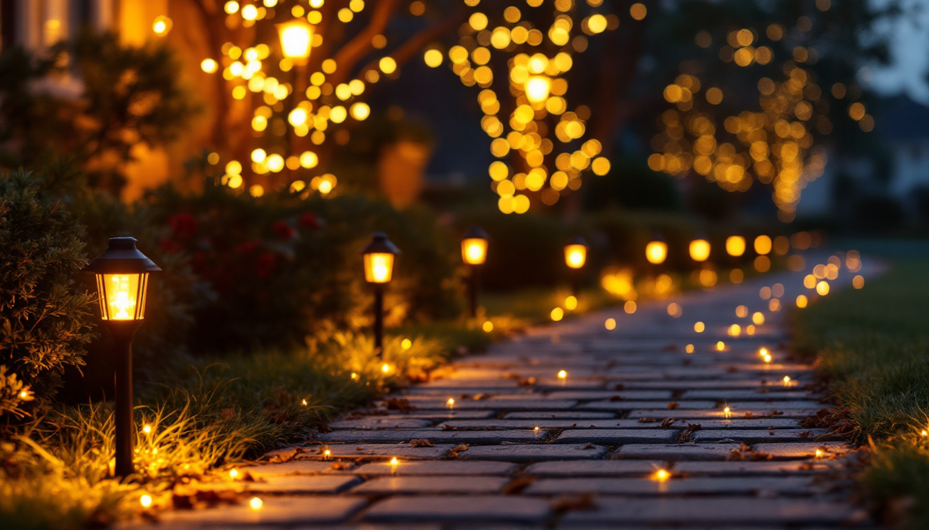 A photograph of a beautifully illuminated pathway adorned with solar christmas path lights