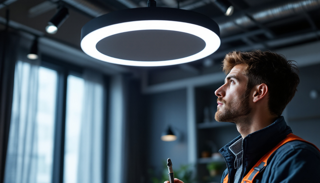 A photograph of a close-up of a modern led ceiling light fixture installed in a stylish interior setting