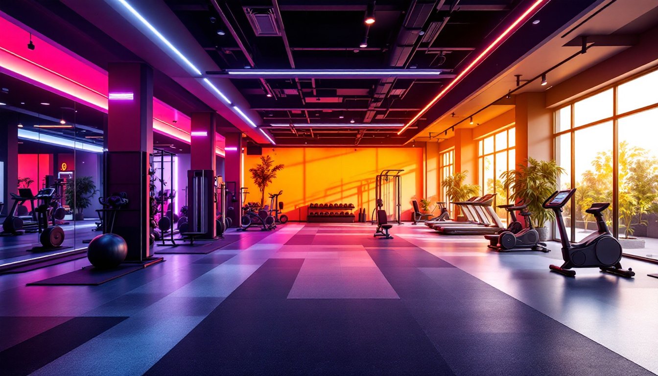 A photograph of a vibrant gym interior showcasing dynamic lighting effects