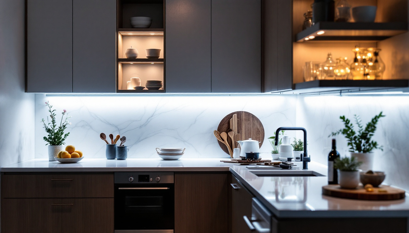 A photograph of a beautifully lit kitchen showcasing led lights installed under the cabinets