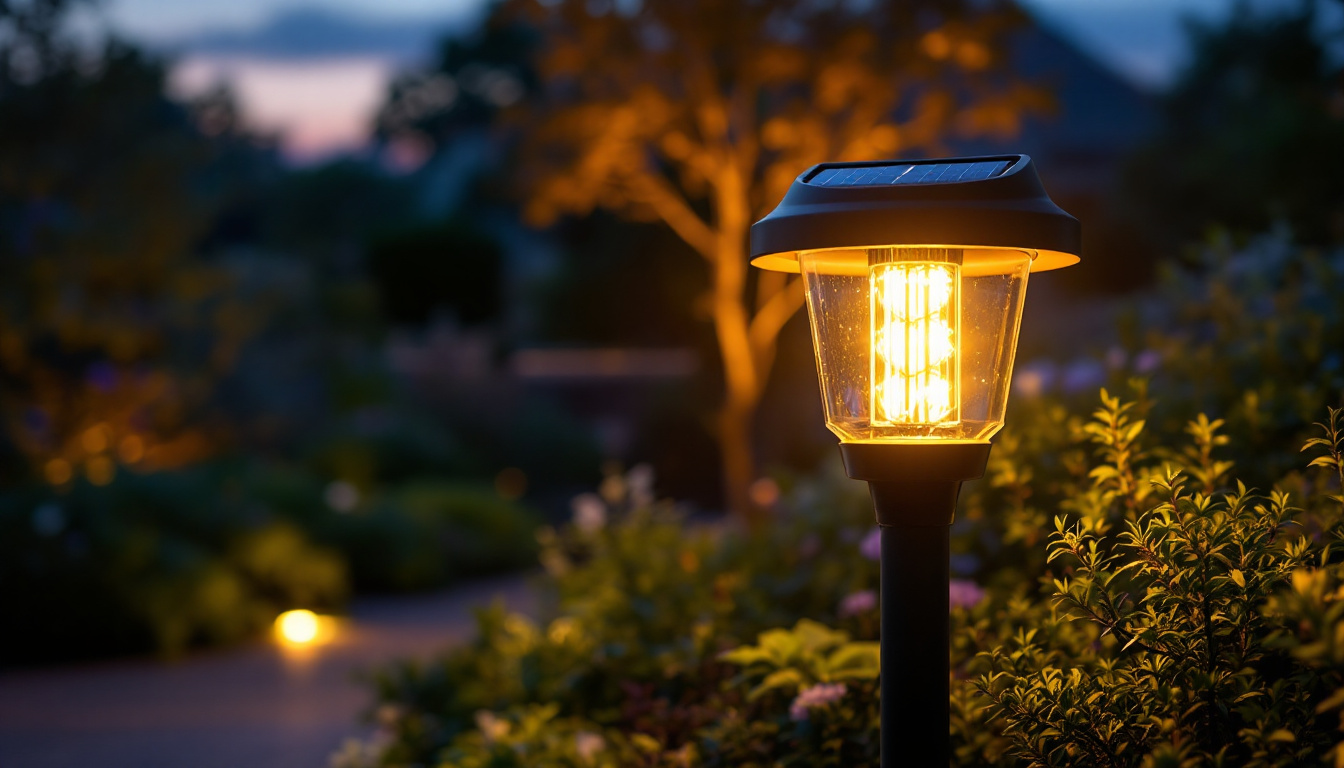 A photograph of a beautifully designed solar outdoor light fixture illuminated at dusk