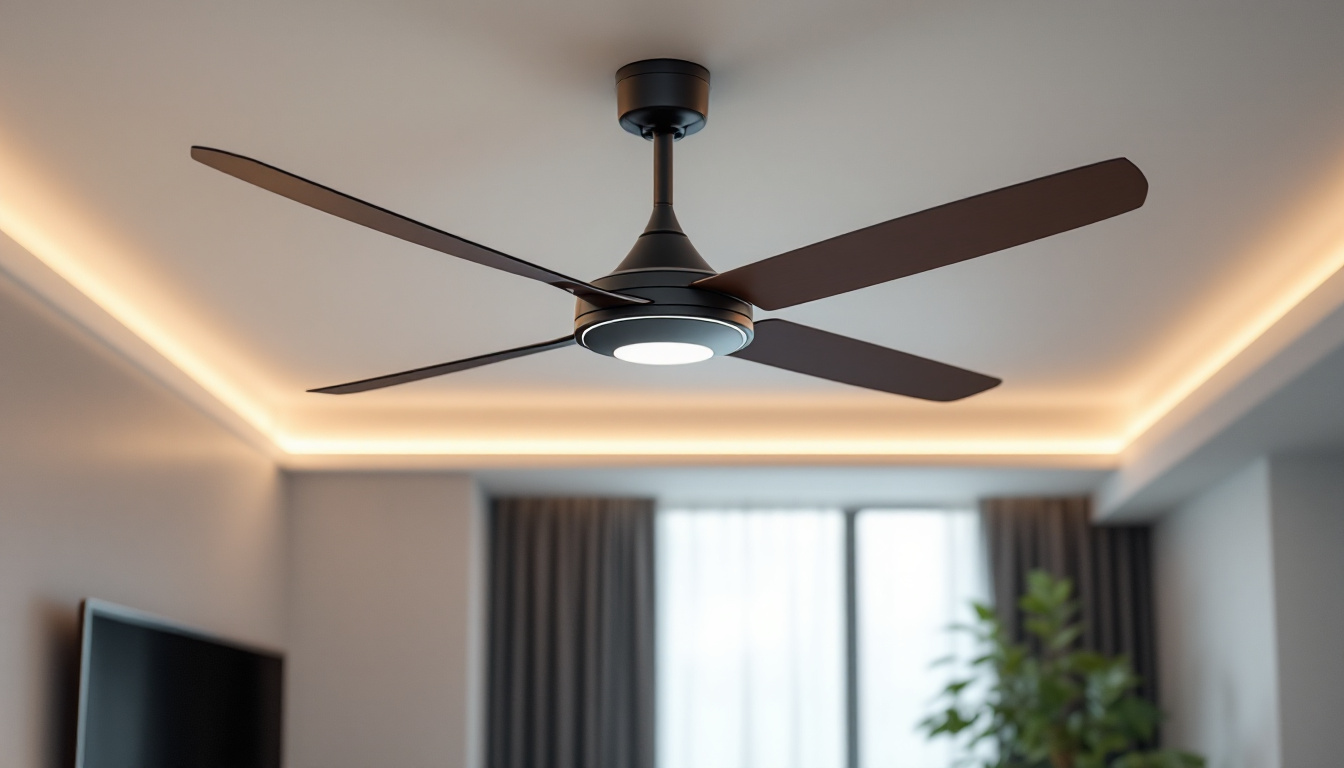 A photograph of a modern ceiling fan featuring sleek