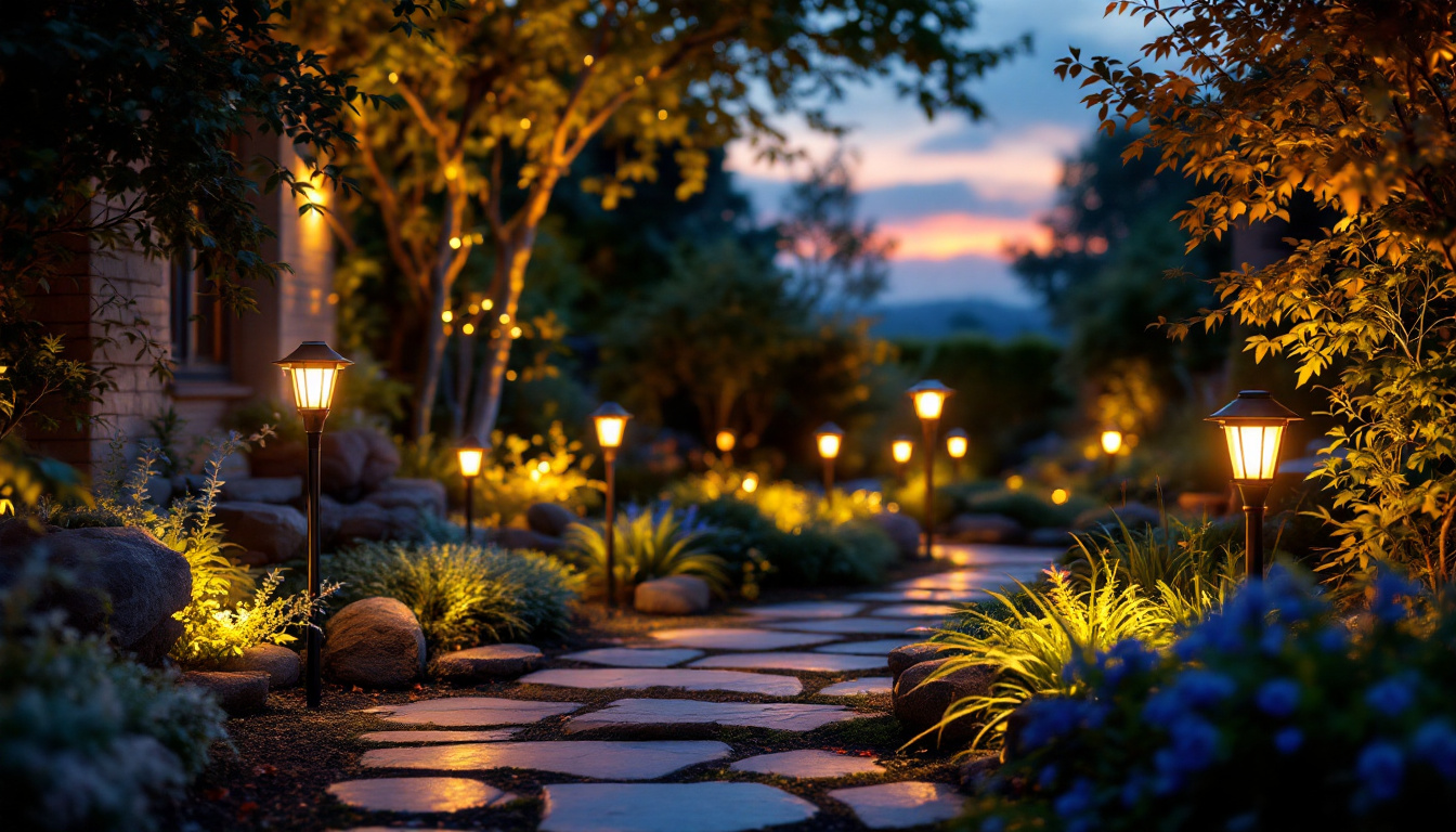 A photograph of a beautifully illuminated garden at dusk